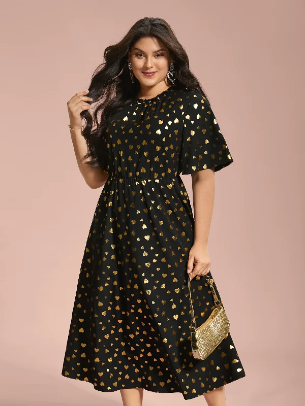 Plus size dresses featuring earthy tones are grounding -Glitter Heart Print Stretchy Waist Dress