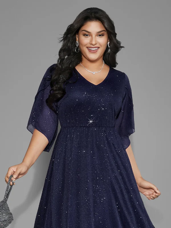 Plus size dresses featuring chevron prints are sharp -Glitter Mesh Petal Sleeve Midi Dress