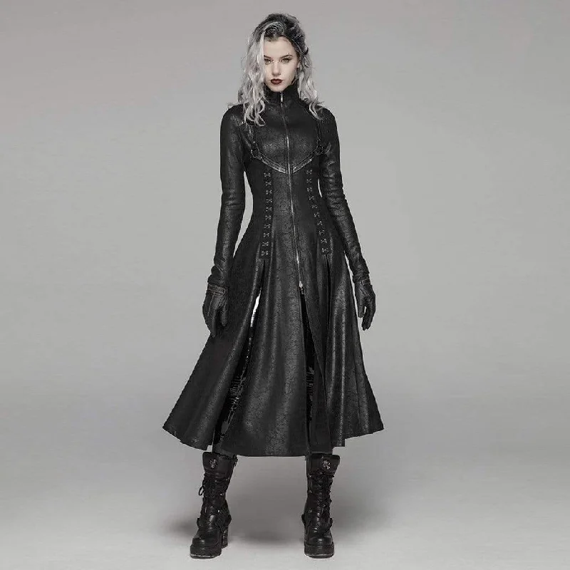 Painted T-Shirts for Artistic Touch -Women's Goth Front Zipper Stand Collar Maxi Overcoat