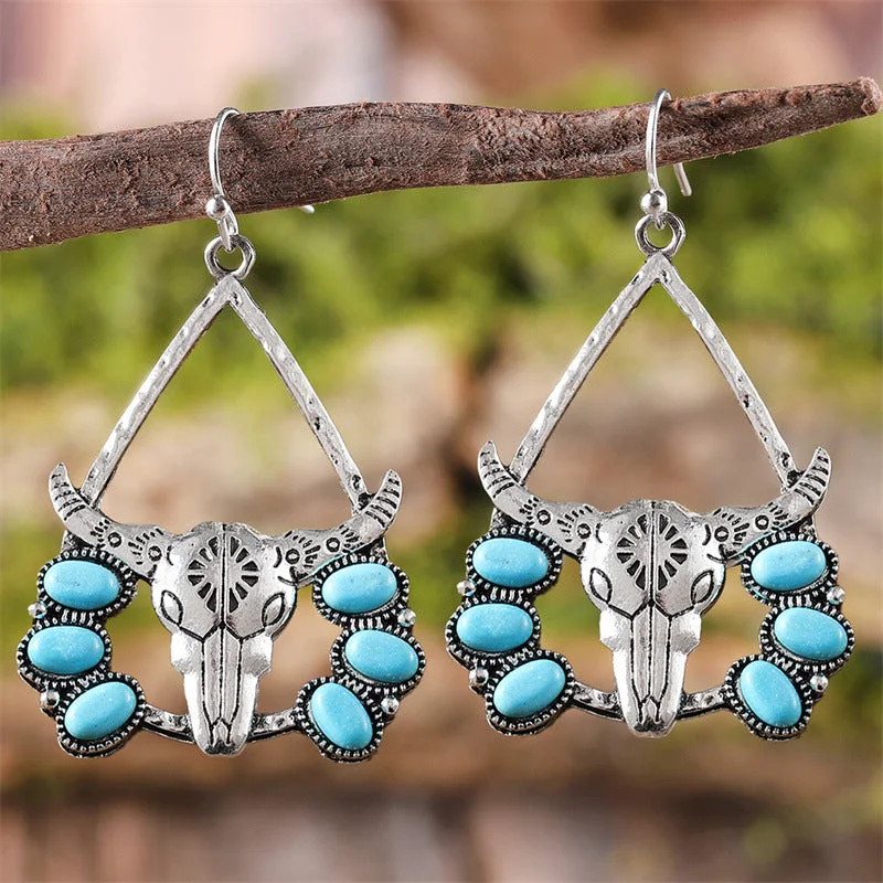 Minimalist Drop Earrings with Simplicity -Wholesale Western Style Bull Head Tribal Turquoise Exaggerated Retro Ethnic Style Earrings