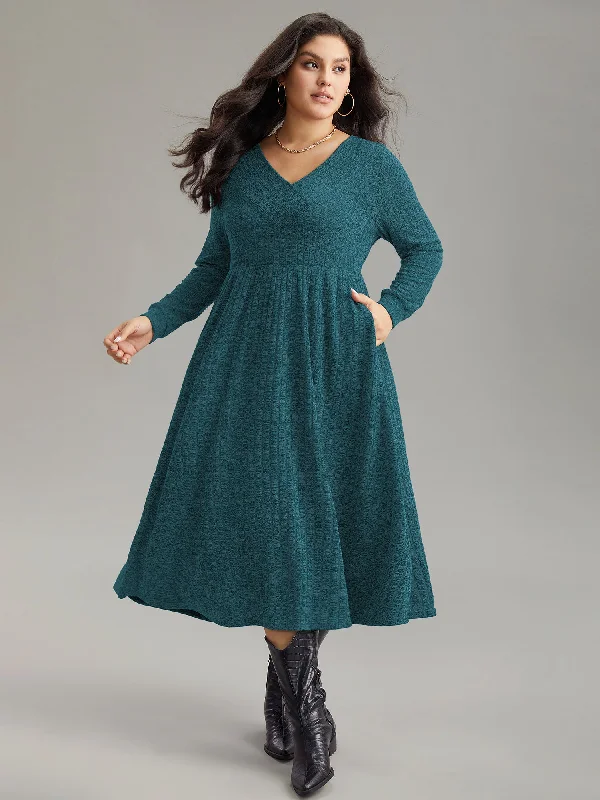 Plus size dresses for power dressing empower daily -Rib Knit Plain Plisse Long Sleeve Dress