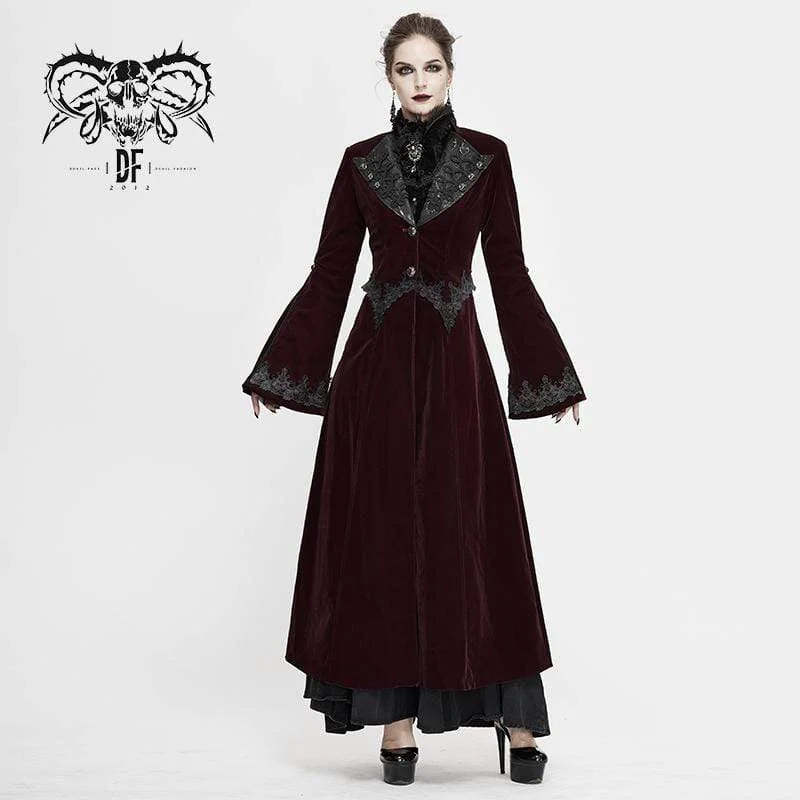 Sleeveless T-Shirts for Coolness -Women's Gothic Velet Large Lapel Flare Sleeve Long Coats Wine Red