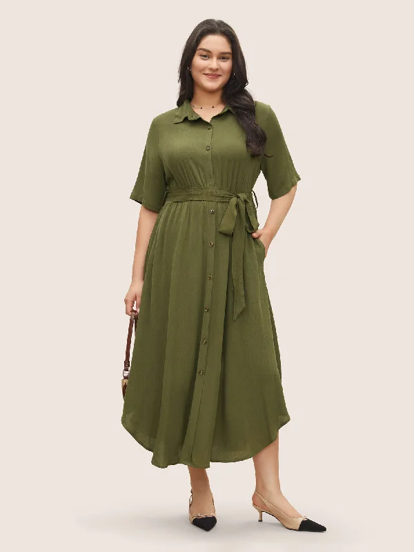 Plus size dresses featuring tie-dye patterns are quirky -Solid Button Pocket Shirt Collar Belted Maxi Dress