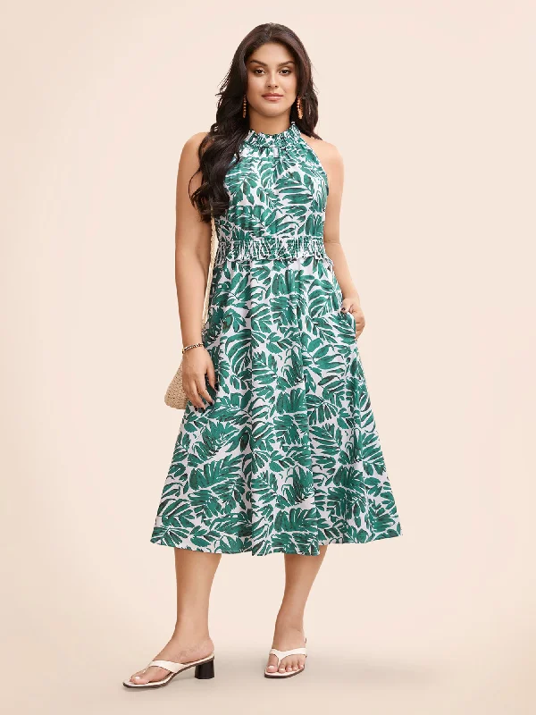 Plus size dresses with midi lengths balance well -Tropical Print Shirred Frill Trim Sleeveless Dress