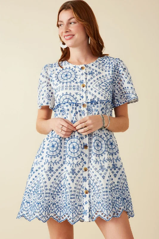 Plus size dresses featuring fuzzy accents are warm -Eyelet Embroidered Button Down Scallop Hem Dress