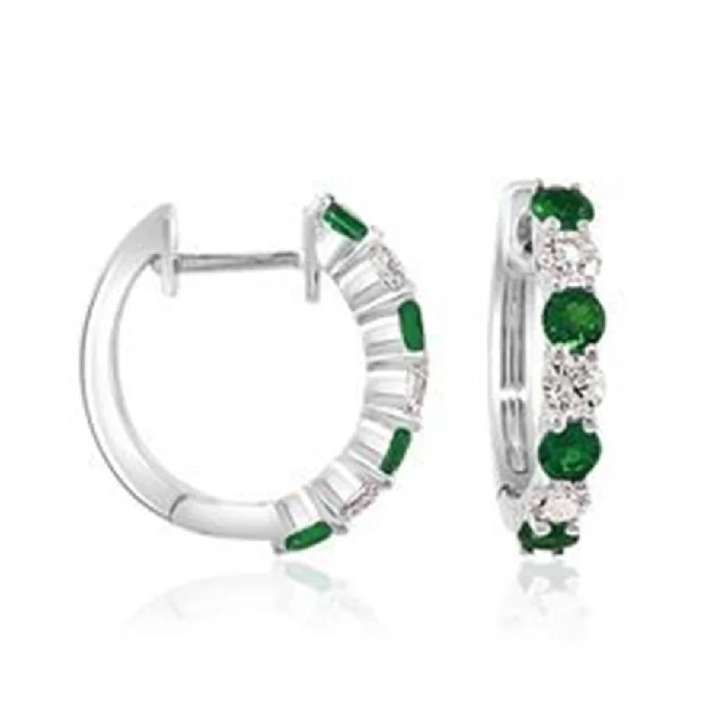 Drop Earrings for Formal Attire -14K White Gold 0.79tw Emerald & Diamond Huggie Hoop Earrings