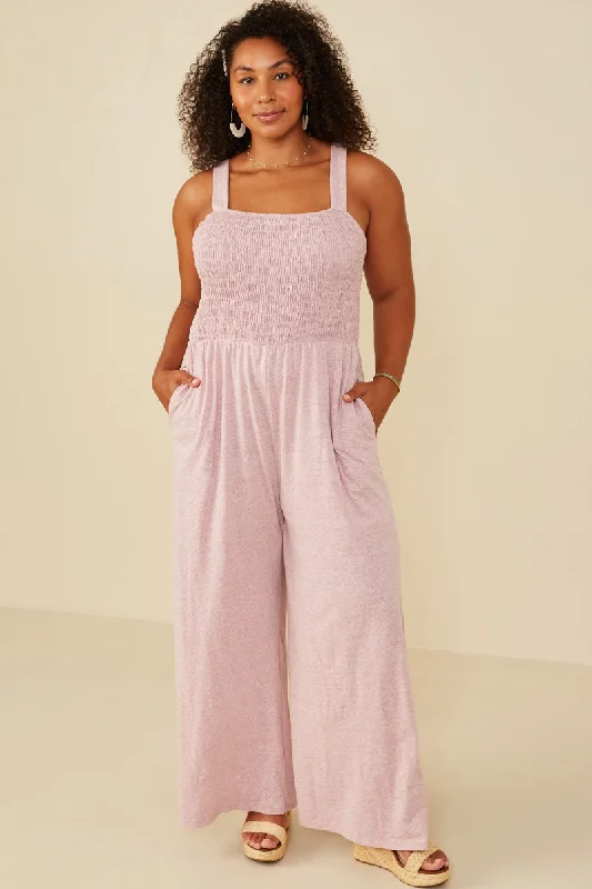 Plus size dresses with flexible fits adapt easily -Smocked Strappy Marled Knit Jumpsuit