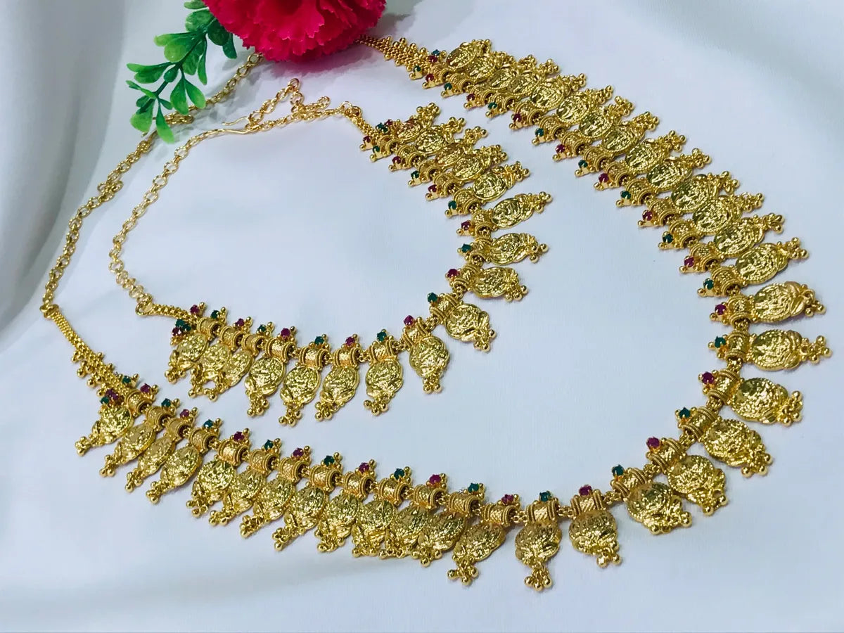 Best necklaces and pendants with vintage coin pendants for a unique accessory-Gold Plated Lakshmi Temple Coin Long Chain With Choker Set