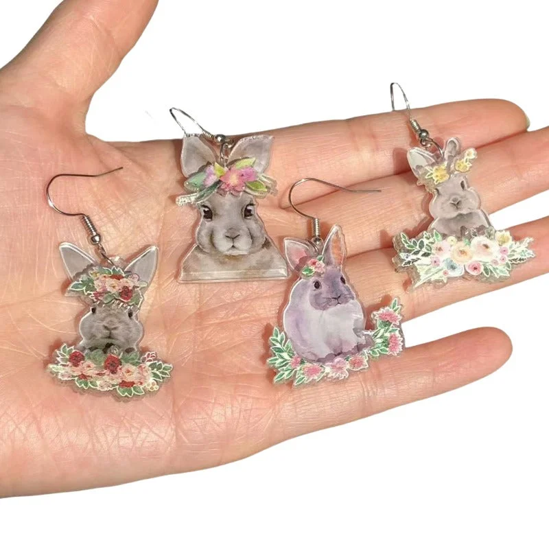 Drop Earrings for Fitness Activities -Wholesale Acrylic Double Layer Printing Cute Cartoon Animal Rabbit Easter Earrings