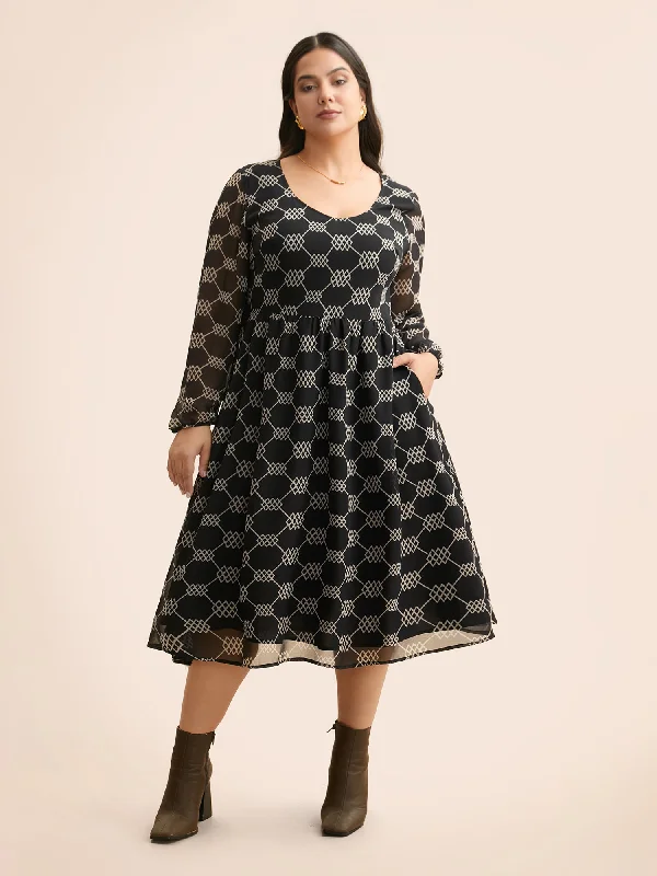 Plus size dresses featuring fuzzy accents are warm -U Neck Geometric Mesh Dress