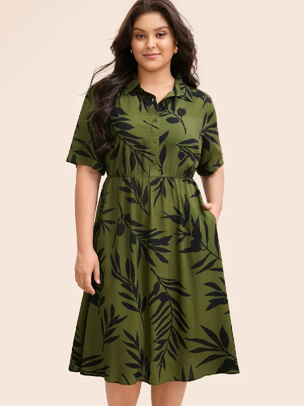 Plus size dresses with matte finishes stay subtle -Tropical Print Shirt Collar Midi Dress