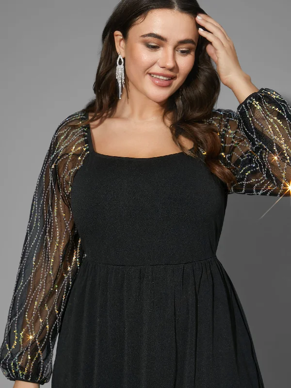 Plus size dresses featuring animal prints feel wild -Square Neck Patchwork Sequin Mesh Dress