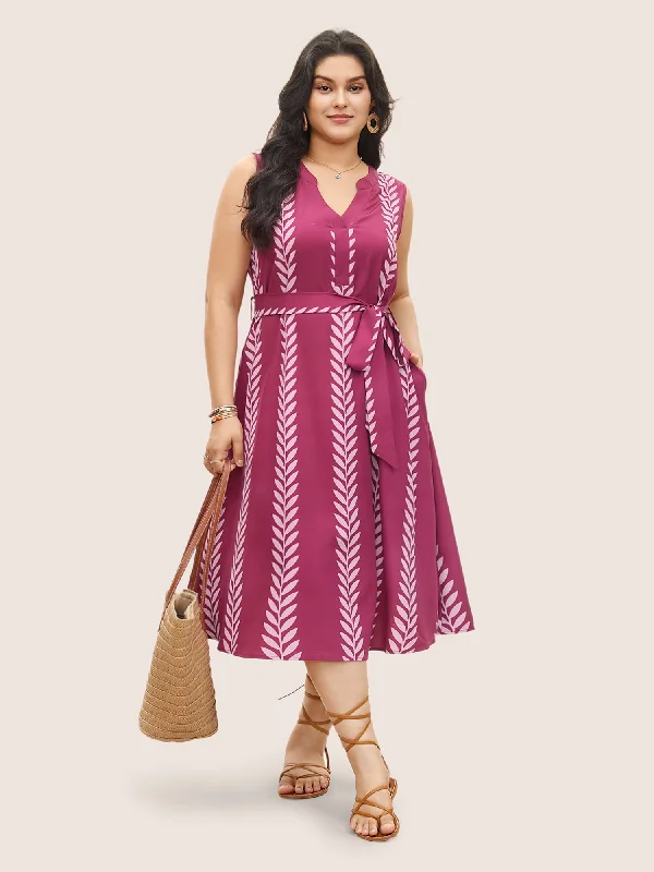 Plus size dresses with midi lengths balance well -Boh Print Notched Sleeveless Belted Dress