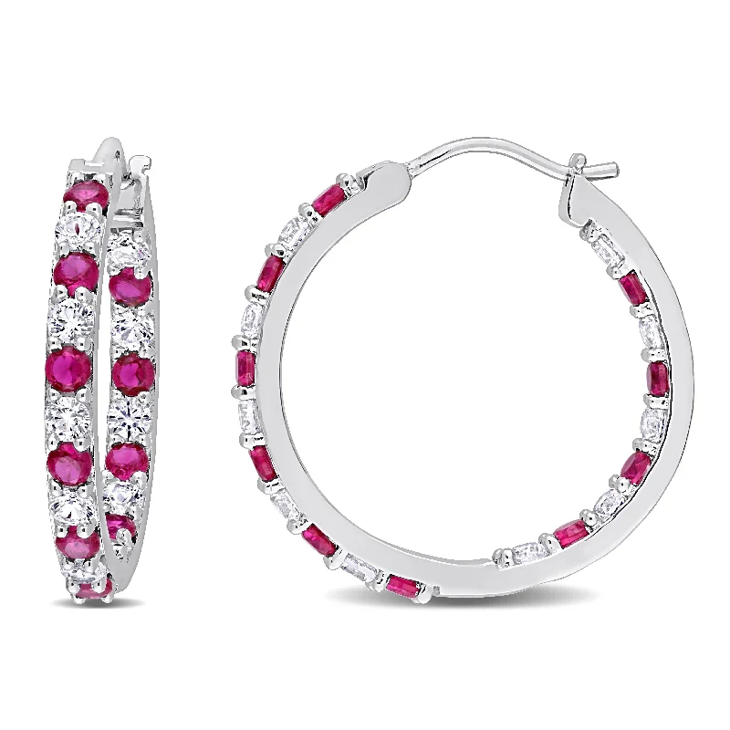 Drop Earrings for Festival Style -Miadora Created Ruby and Created White Sapphire Inside Outside Hoop Earrings in Sterling Silver