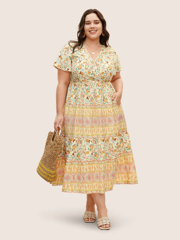 Elegant plus size dresses for weddings fit beautifully -Overlap Collar Boho Print Ruffle Sleeve Dress