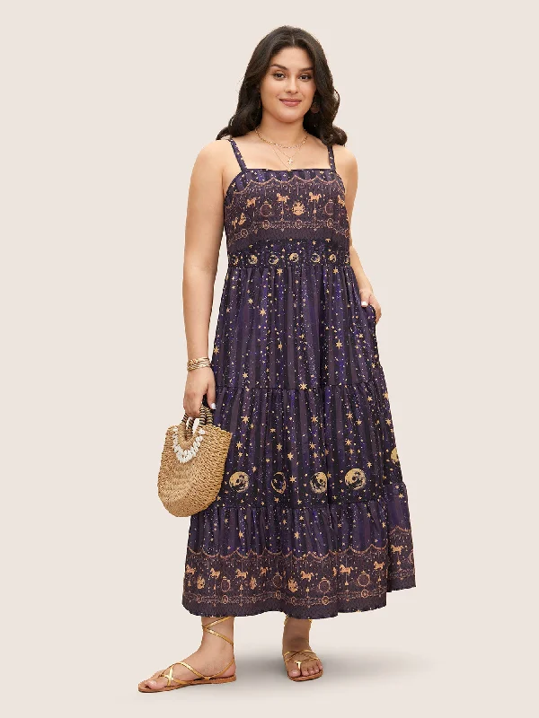 Plus size dresses featuring beaded hems are ornate -Star & Moon Print Elastic Waist Maxi Cami Dress