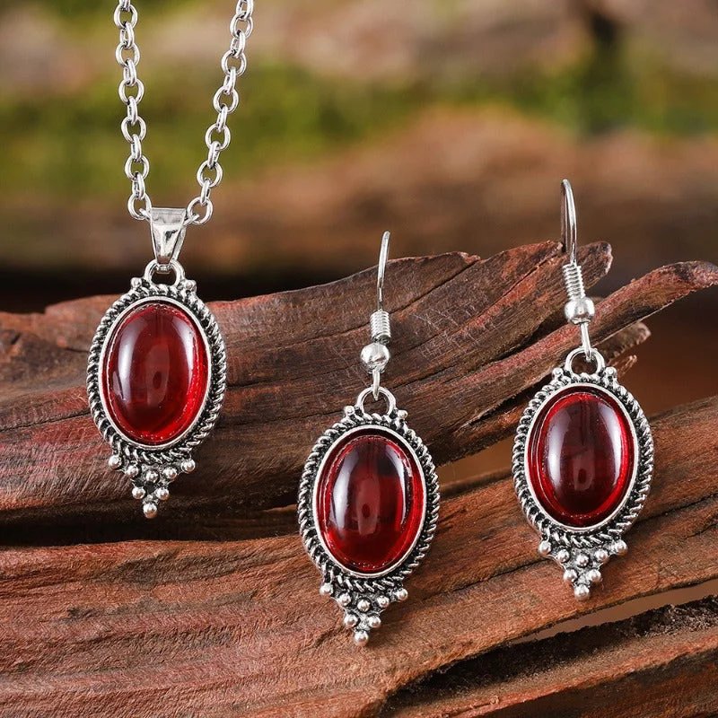 Drop Earrings for Prom Night -Wholesale Vintage Exquisite Cameo Inlaid Ruby Oval Glass Pendant Fashion Earrings Necklace Set