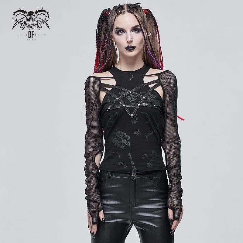 Red T-Shirts for Statement Look -Women's Gothic Pentagram Cutout Mesh Splice Top