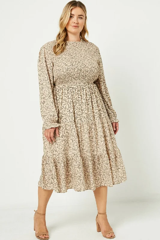 Plus size dresses with simple cuts stay timeless -Smocked Ruffle Neck Midi Dress