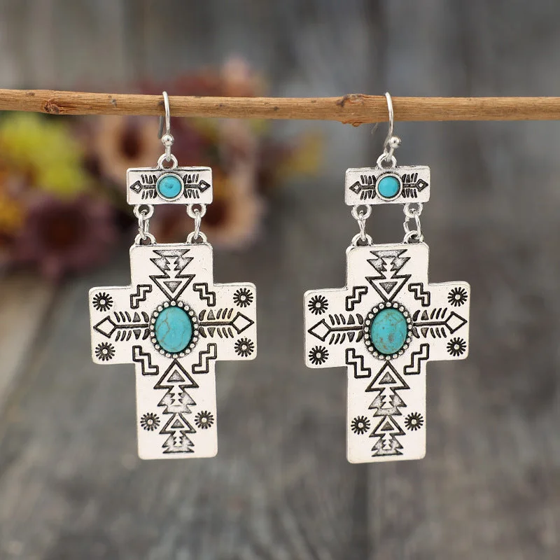 Short Drop Earrings for Subtle -Wholesale Bohemian Retro Cross Inlaid Turquoise Long Alloy Ethnic Style Earrings