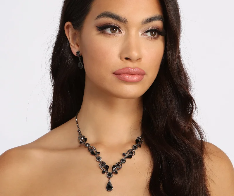 Necklaces and pendants with pearls for a classic and sophisticated touch-Dark And Stunning Drop Stone Necklace + Earring Set