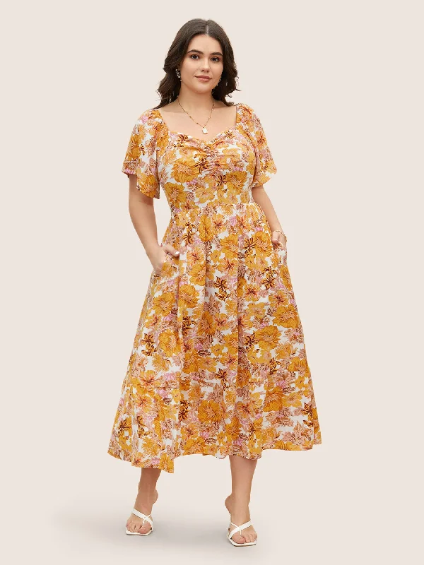 Plus size dresses featuring lace sleeves feel luxe -Floral Heart Neckline Flutter Sleeve Dress