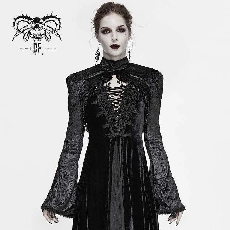 V-Neck T-Shirts for Flattering Look -Women's Gothic Tassels Flare Sleeve Velet Capes