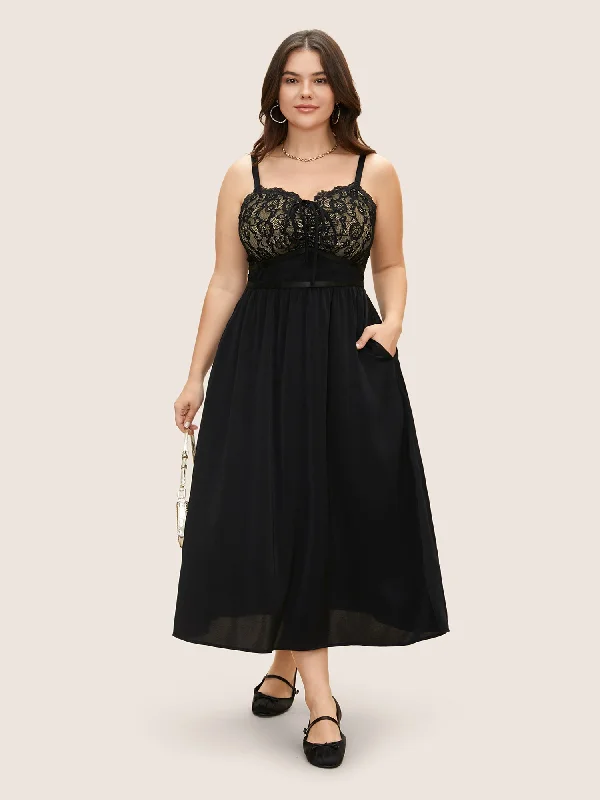 Plus size dresses with elastic waists stretch easily -Crochet Lace Tie Knot Shirred Maxi Dress