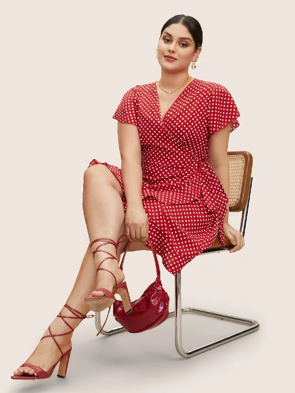 Plus size dresses for power dressing empower daily -Polka Dot Wrap Ruffle Sleeve Tie Knot Dress