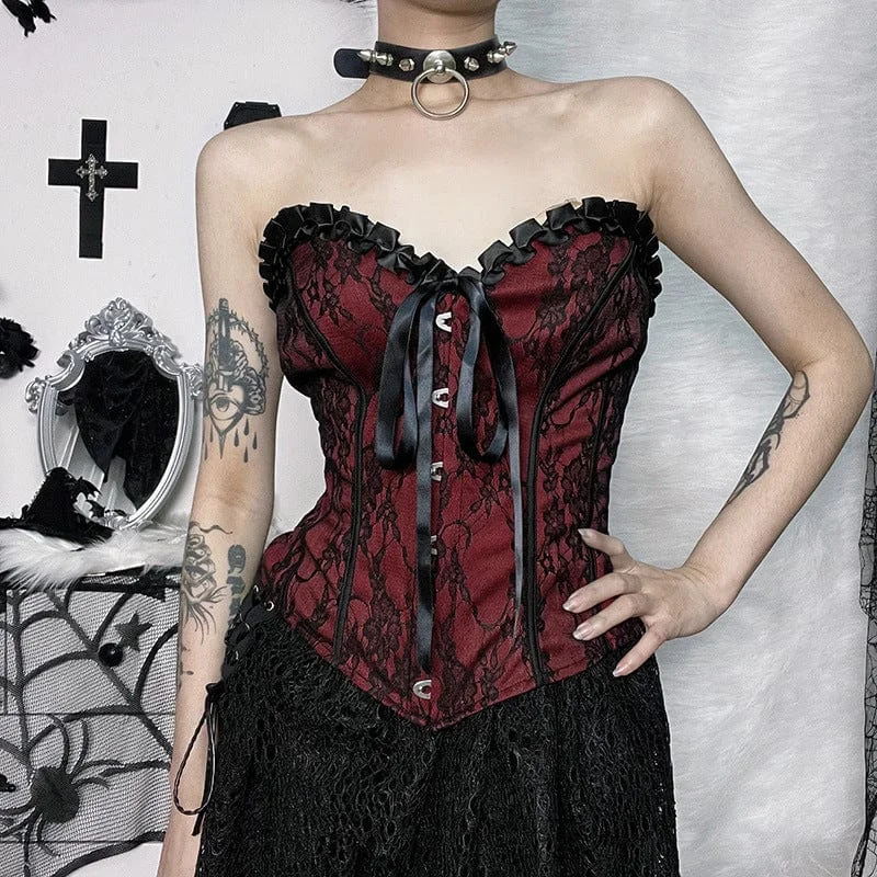 Short Sleeve T-Shirts for Summer Wear -Women's Gothic Strappy Lace Splice Bustier