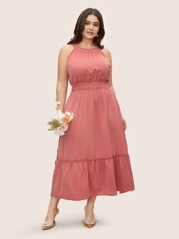 Plus size dresses with sleek lines look modern -Halter Neck Shirred Frill Trim Gathered Dress