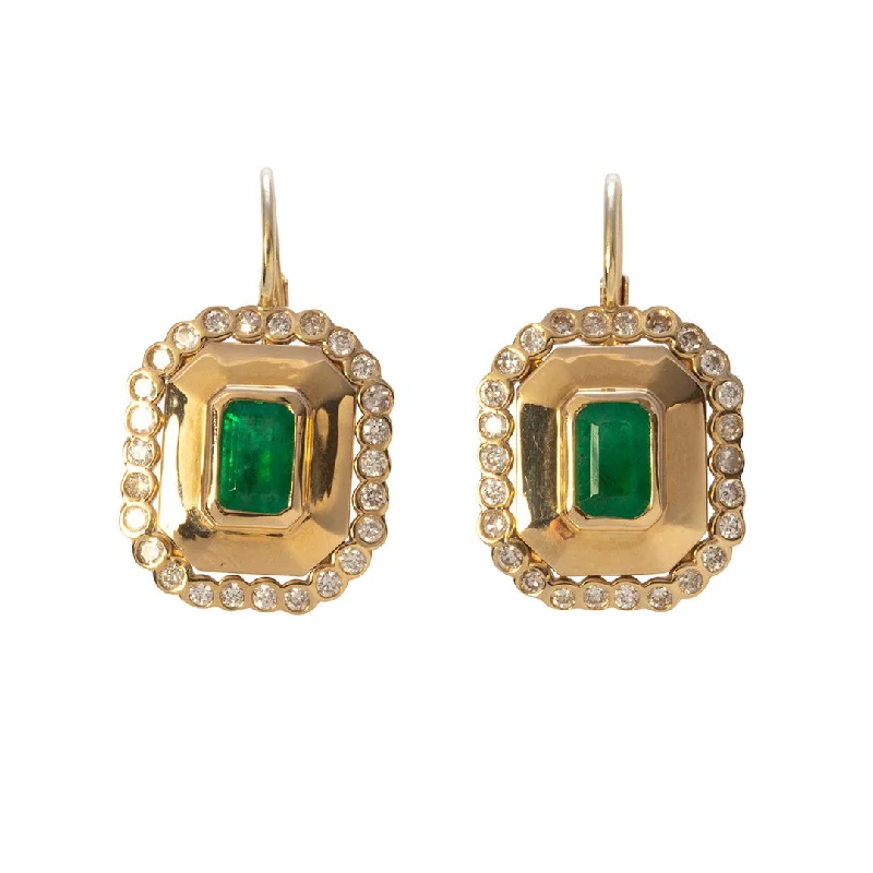 African Drop Earrings with Culture -Emerald & Diamond 14K Yellow Gold Leverback Earrings