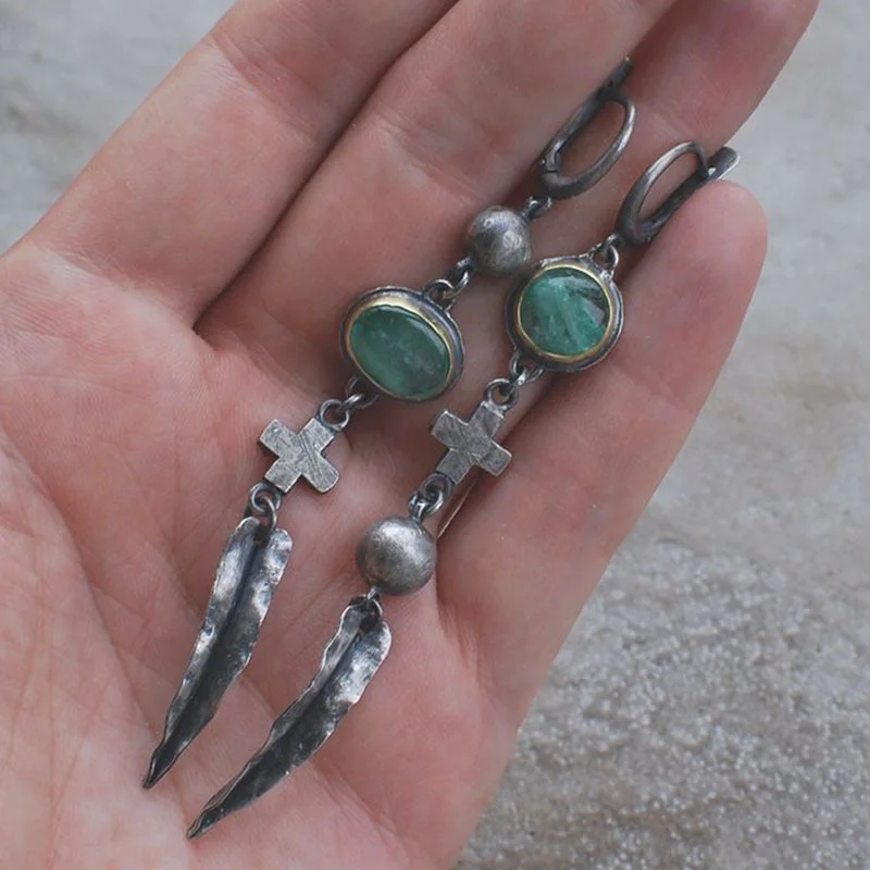 Drop Earrings for School Uniform -Wholesale Green Stone Cross Feather Metal Pendant Tassel Vintage Earrings