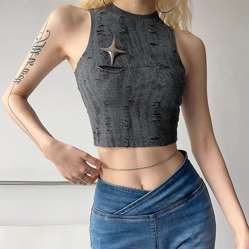 Studded T-Shirts for Edgy Style -Women's Grunge Star Ripped Tank Top