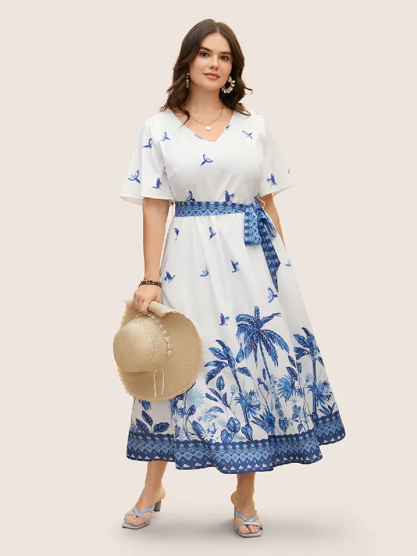 Plus size dresses with classic designs never fade -V Neck Tropical Print Ruffle Sleeve Maxi Dress