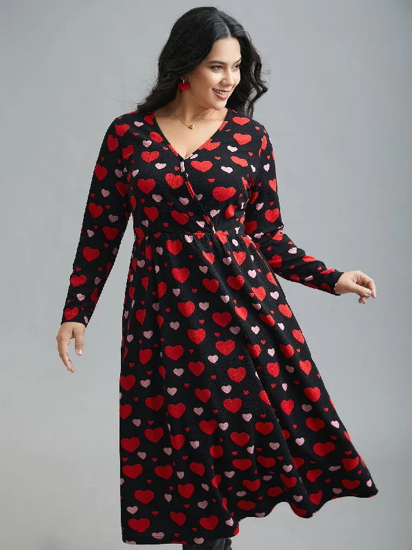 Plus size dresses with flowing skirts move freely -Wrap Neck Hearts Print Knit Dress