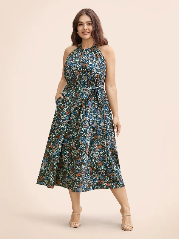 Plus size dresses for formal events look elegant -Bandana Print Halter Belted Pocket Dress