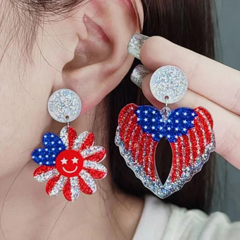 Drop Earrings with Chevron Designs -Wholesale Independence Day Elements Red, White and Blue National Flag Colorful Love Acrylic Earrings