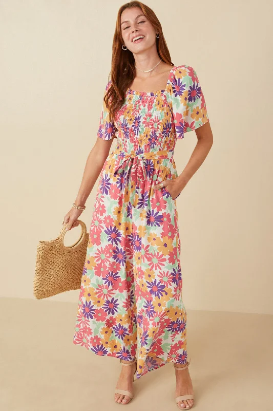 Plus size dresses with supportive linings feel great -Vivid Floral Self Belt Smocked Jumpsuit