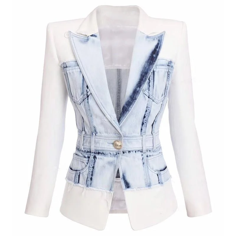 Party T-Shirts for Night Out -Stylish Patchwork Denim Blazer Women - Casual - Patchwork