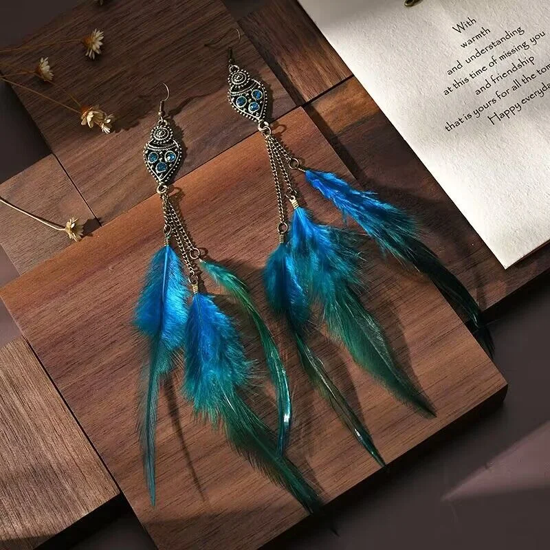 Hippie Drop Earrings with Beads -Wholesale long chain feather earrings ethnic style seaside earrings