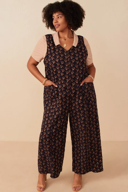 Plus size dresses featuring floral patterns feel fresh -Ditsy Floral V Neck Sleeveless Corduroy Jumpsuit