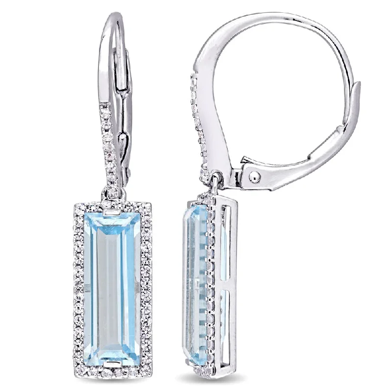 Drop Earrings for Office Wear -Miadora Sterling Silver Baguette-Cut Sky-Blue Topaz and White Sapphire Halo Dangle Leverback Earrings