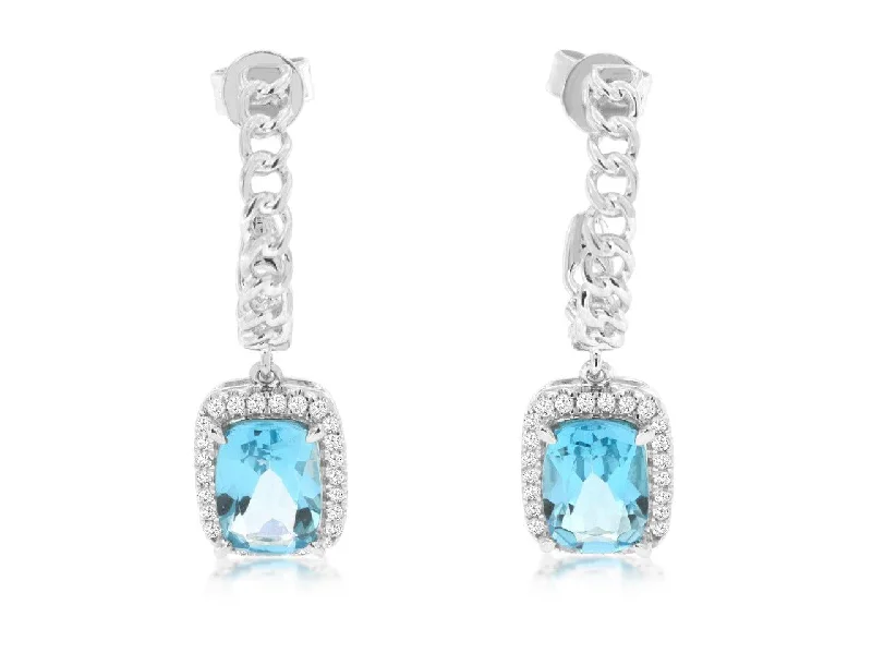 Geometric Drop Earrings for Trend -14K White Gold Blue Topaz and Diamond Dangle Earrings