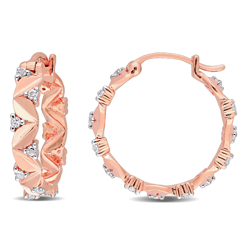 Long Drop Earrings for Dramatic -Miadora White Topaz Leaves Hoop Earrings in Rose Plated Sterling Silver