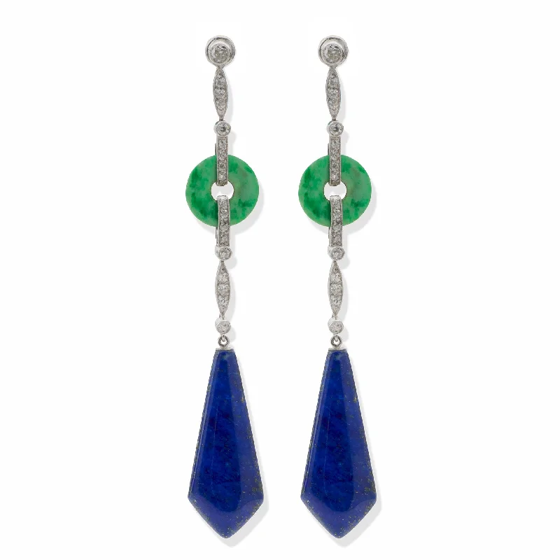 Oval Drop Earrings for Grace -French Art Deco Lapis, Jadeite and Diamond Pendant Earrings