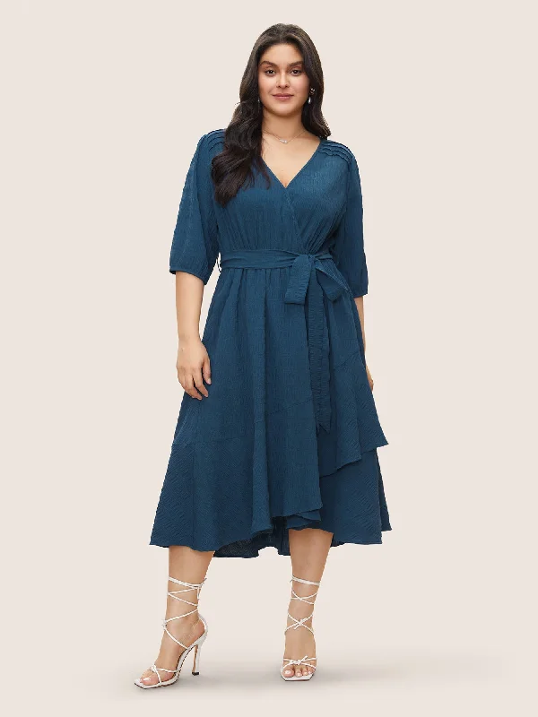 Plus size dresses with sleek finishes stay polished -Plisse Overlap Collar Belted Pleated Detail Dress