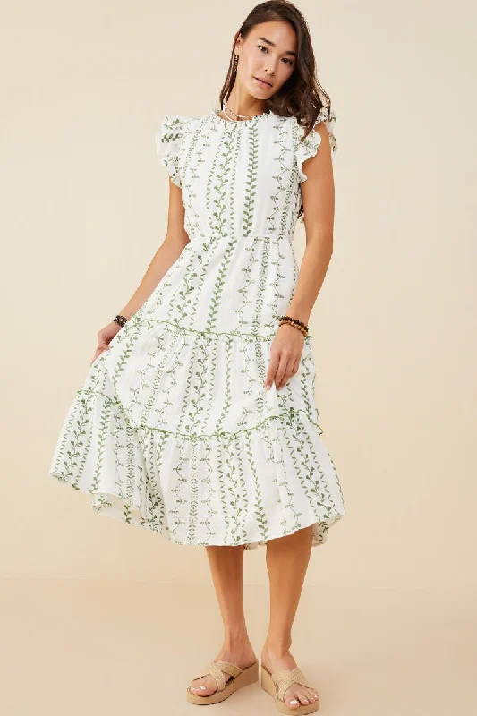 Plus size dresses with muted tones blend well -Botanical Embroidered Tiered Midi Dress