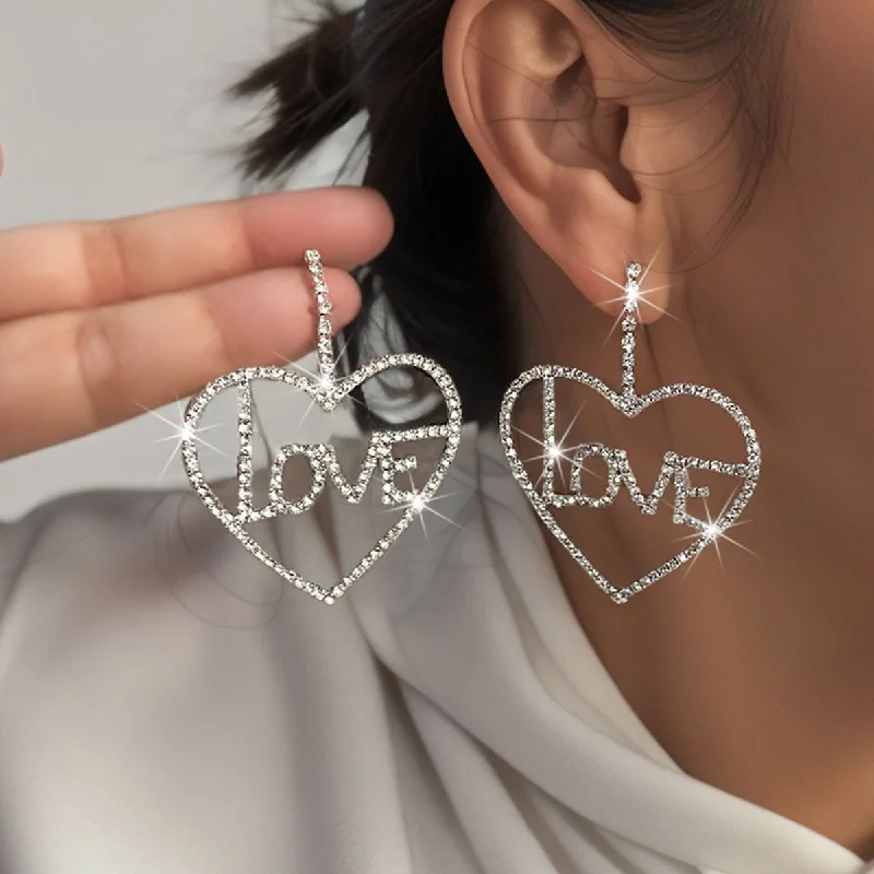 Drop Earrings for Casual Outfit -Wholesale Cross-border Fashion LOVE Hollow Earrings Inlaid Rhinestone Simple Earrings Party Valentine's Day Gift Earrings Women