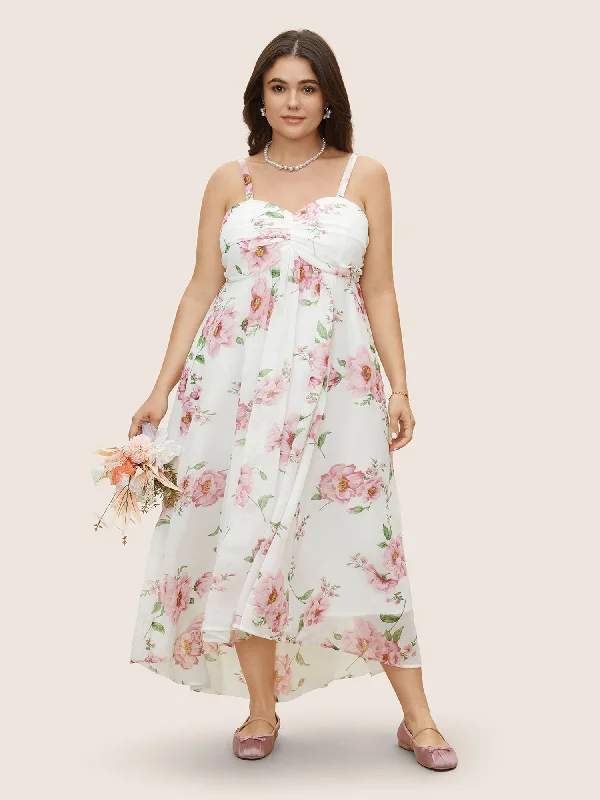 Plus size dresses with high waists define curves -Floral Mesh Ruched Adjustable Straps Dress